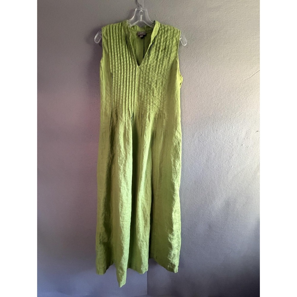 J. Jill Dress Womens M Green Linen V Neck Sleeveless Maxi Pleated Tank